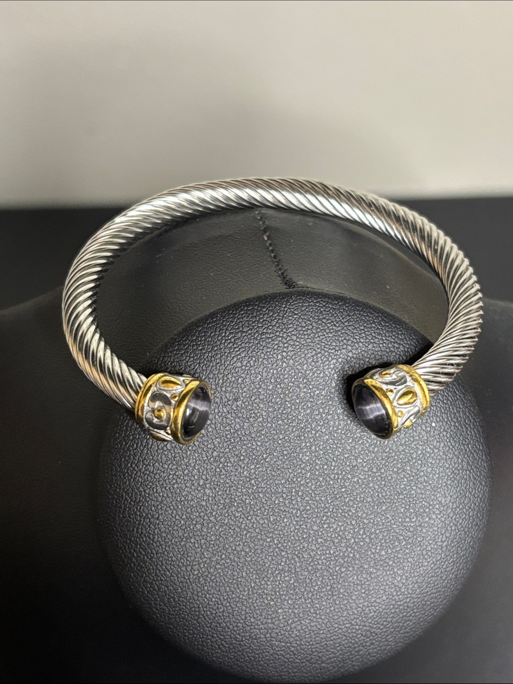 Twisted Cable Open Cuff Bracelet with Gold Accented Black Cabochons - Picture 2 of 7